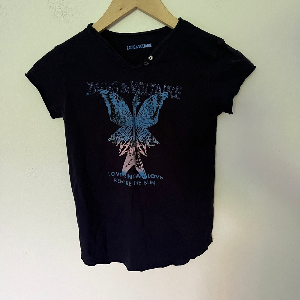 Zadig & Voltaire Black Butterfly Guitar Graphic Split Neck Tee Shirt